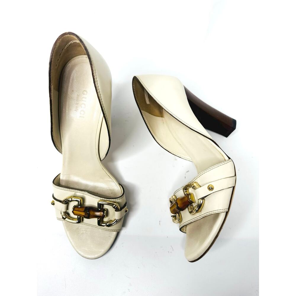 Gucci Ivory Leather Bamboo Horsebit Open Toe Pumps Women’s Designer High Heel 6B